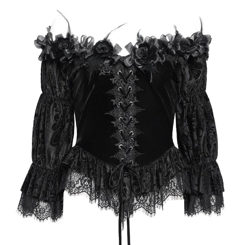 EVA LADY Women's Gothic Off-the-shoulder Ruffled Velvet Shirt Black