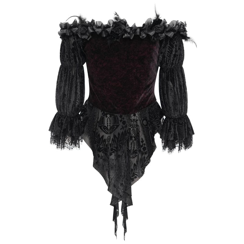 EVA LADY Women's Gothic Off-the-shoulder Ruffled Velvet Shirt Red