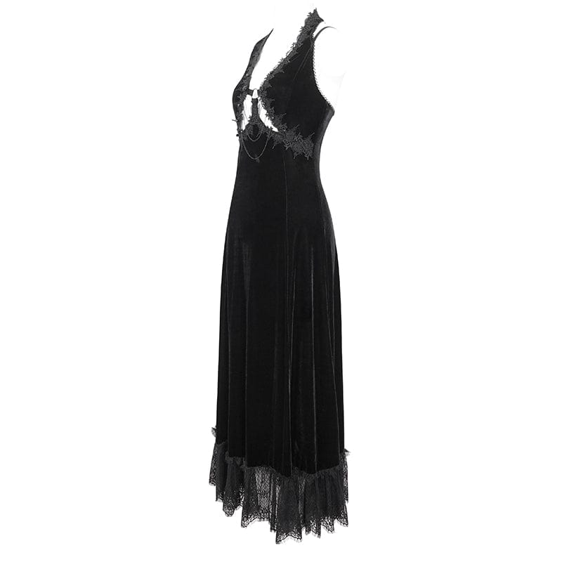 EVA LADY Women's Gothic Plunging Lace-up Lace Hem Slip Dress Black