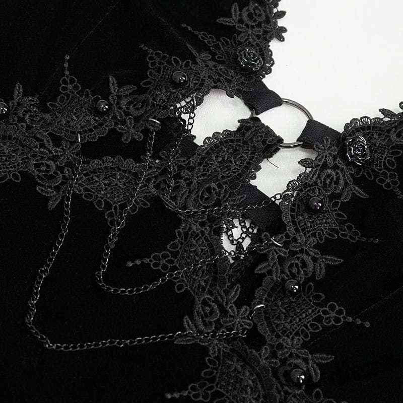 EVA LADY Women's Gothic Plunging Lace-up Lace Hem Slip Dress Black