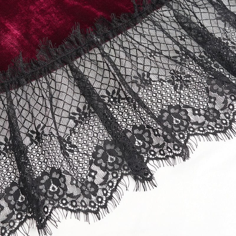 EVA LADY Women's Gothic Plunging Lace-up Lace Hem Slip Dress Red