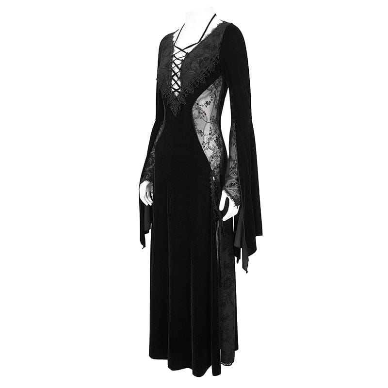 EVA LADY Women's Gothic Plunging Mesh Splice Velvet Dress