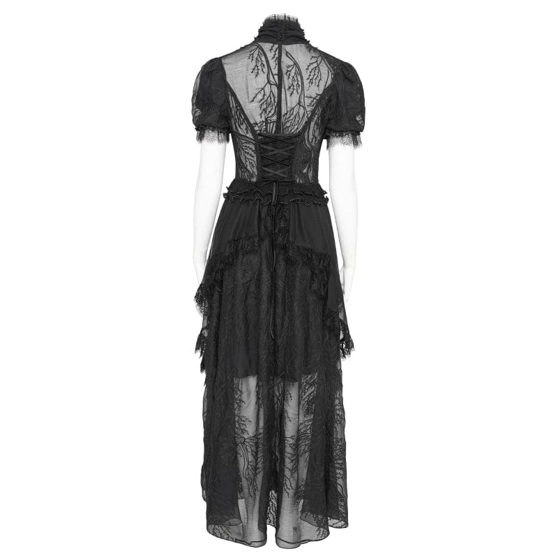 EVA LADY Women's Gothic Plunging Stand Collar Short Sleeved Maxi Dress Black
