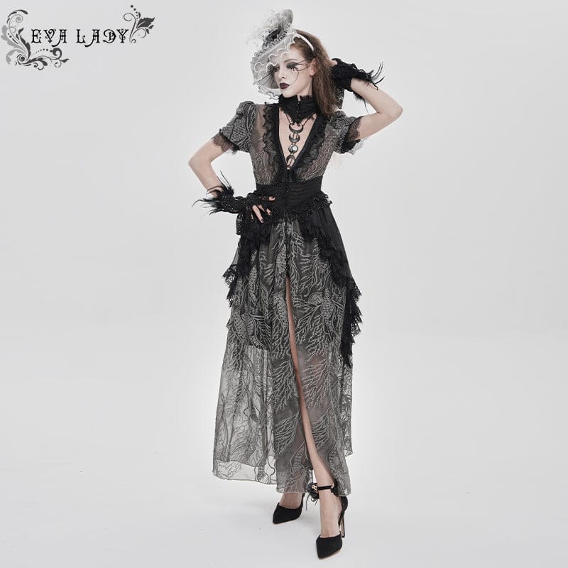 EVA LADY Women's Gothic Plunging Stand Collar Short Sleeved Maxi Dress Black-Grey