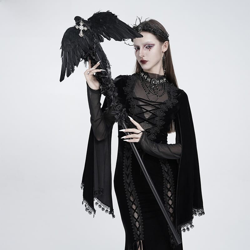 EVA LADY Women's Gothic Raven Cross Rose Chained Staff