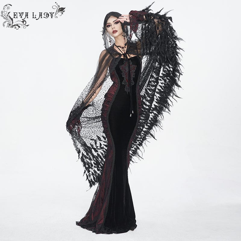 EVA LADY Women's Gothic Rhinestone Feather Cape with Hood