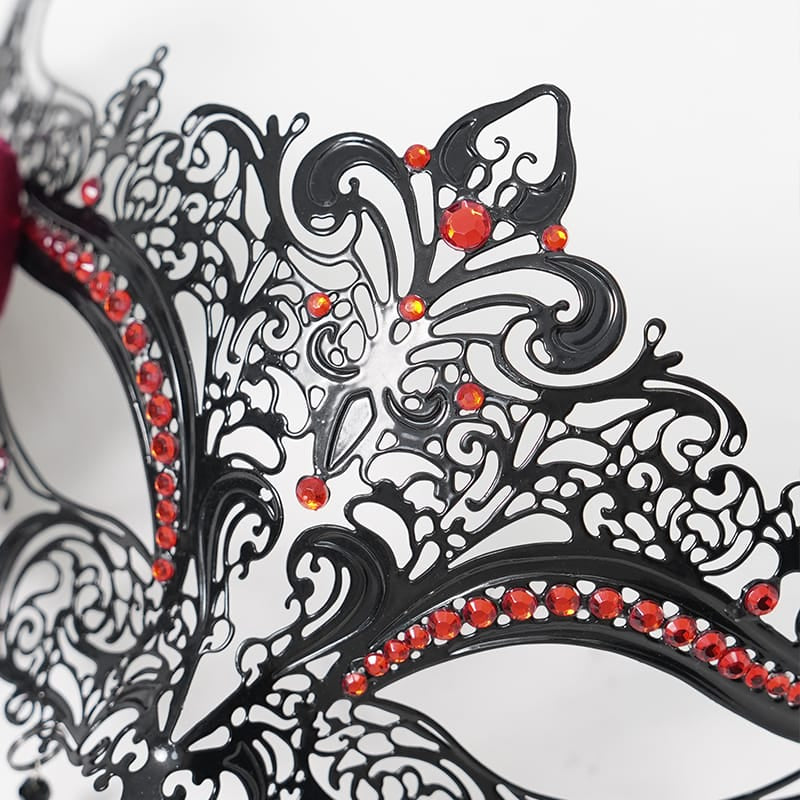 EVA LADY Women's Gothic Rose Beaded Fringe Cutout Mask Black-Red
