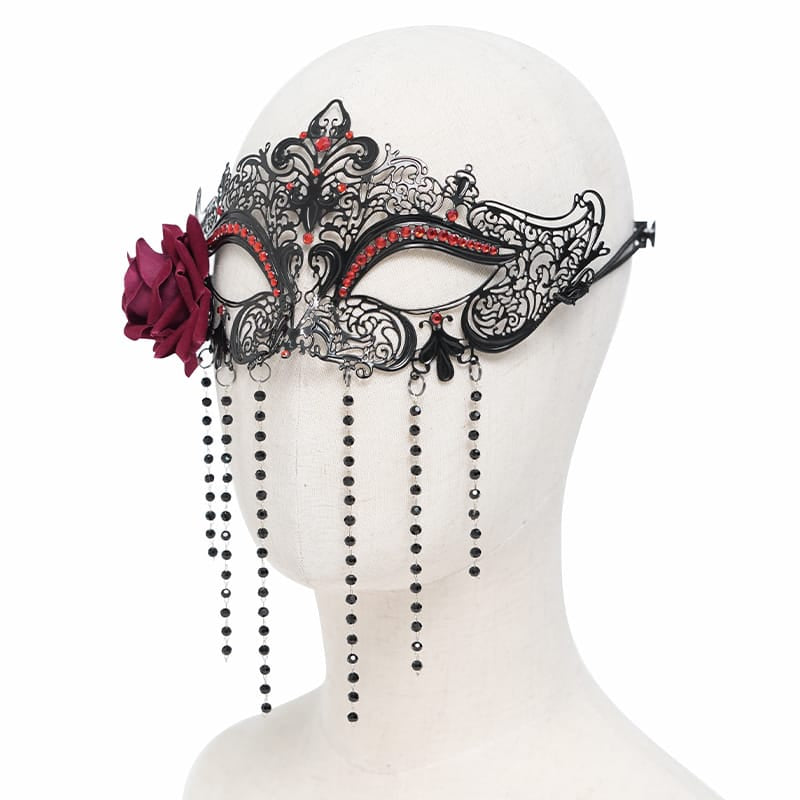 EVA LADY Women's Gothic Rose Beaded Fringe Cutout Mask Black-Red