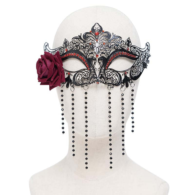 EVA LADY Women's Gothic Rose Beaded Fringe Cutout Mask Black-Red