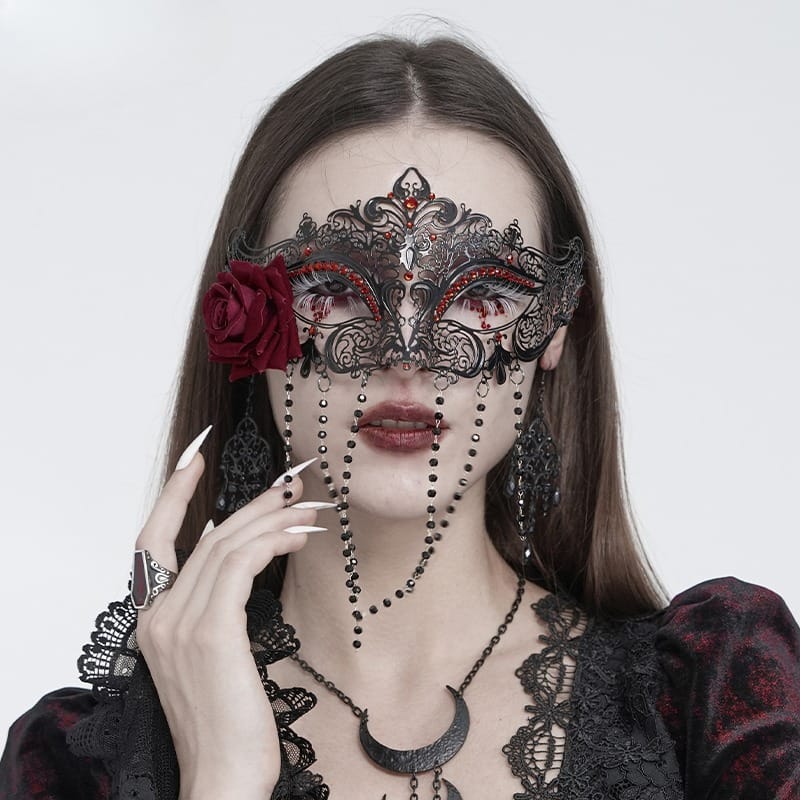 EVA LADY Women's Gothic Rose Beaded Fringe Cutout Mask Black-Red