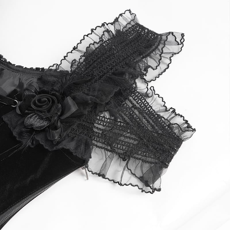 EVA LADY Women's Gothic Rose Beaded Tassel Lace Mesh Trim Lace‑up Overbust Corset Black