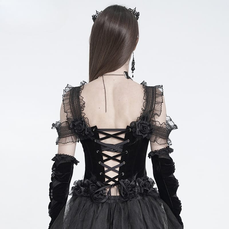 EVA LADY Women's Gothic Rose Beaded Tassel Lace Mesh Trim Lace‑up Overbust Corset Black