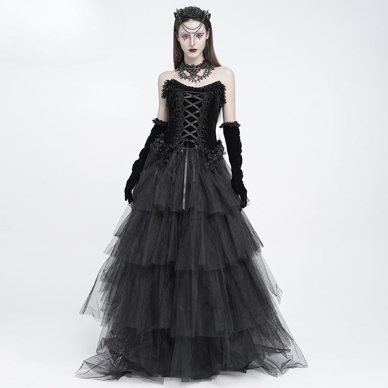 EVA LADY Women's Gothic Rose Beaded Tassel Lace Mesh Trim Lace‑up Overbust Corset Black
