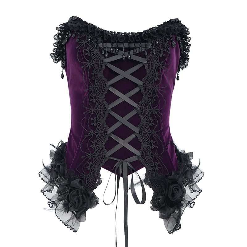 EVA LADY Women's Gothic Rose Beaded Tassel Lace Mesh Trim Lace‑up Overbust Corset Black-Purple