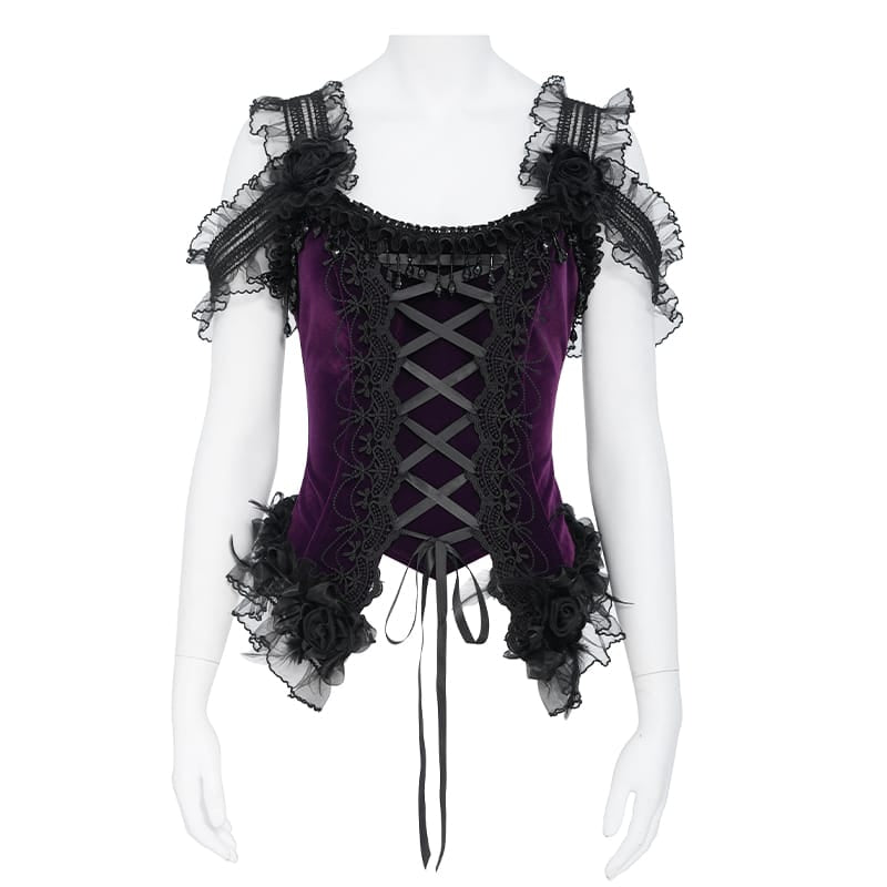 EVA LADY Women's Gothic Rose Beaded Tassel Lace Mesh Trim Lace‑up Overbust Corset Black-Purple