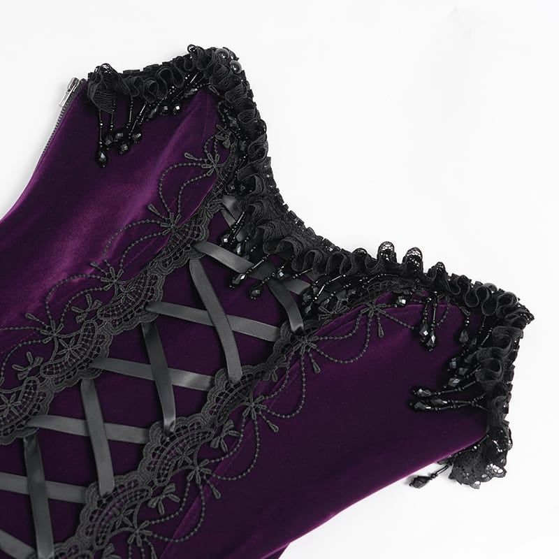 EVA LADY Women's Gothic Rose Beaded Tassel Lace Mesh Trim Lace‑up Overbust Corset Black-Purple