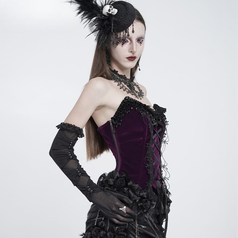 EVA LADY Women's Gothic Rose Beaded Tassel Lace Mesh Trim Lace‑up Overbust Corset Black-Purple