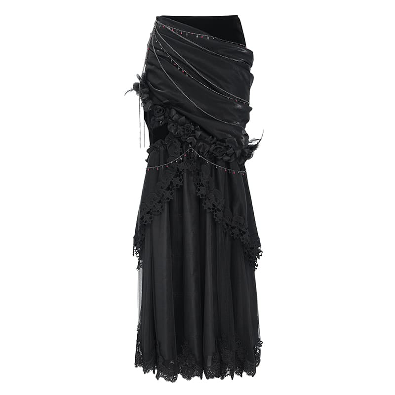 EVA LADY Women's Gothic Rose Chain Asymmetric Pleated Mermaid Long Skirt