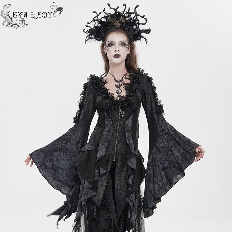 EVA LADY Women's Gothic Rose Feather Printed Long Sleeve Shirt