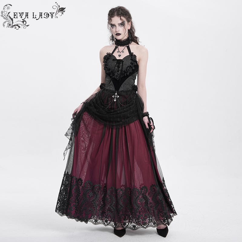 EVA LADY Women's Gothic Rose Heart Lace Splice Halterneck Shirt Black