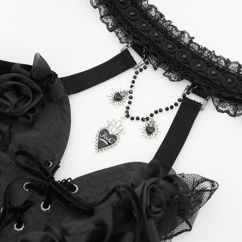 EVA LADY Women's Gothic Rose Heart Lace Splice Halterneck Shirt Black