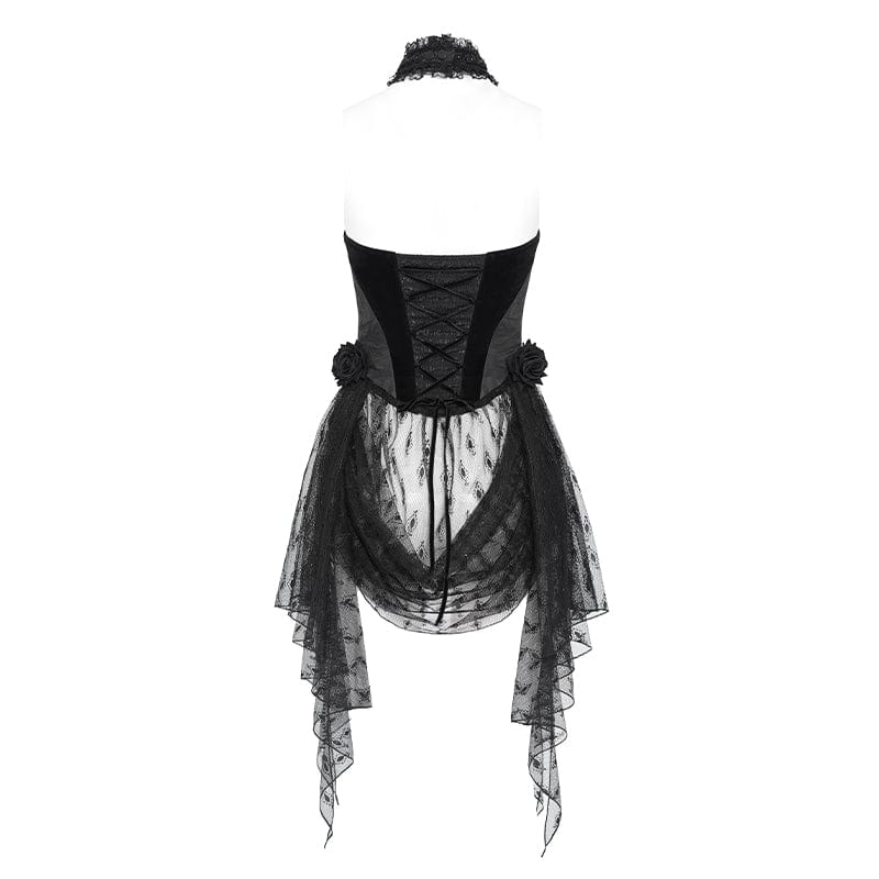 EVA LADY Women's Gothic Rose Heart Lace Splice Halterneck Shirt Black