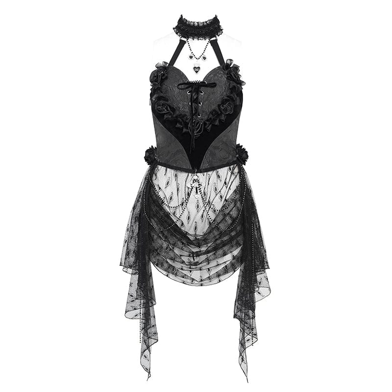 EVA LADY Women's Gothic Rose Heart Lace Splice Halterneck Shirt Black