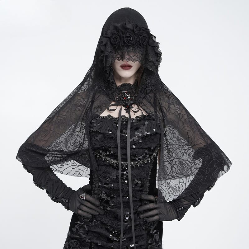 EVA LADY Women's Gothic Rose Hooded Mesh Cape