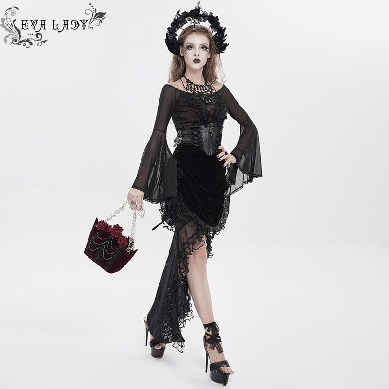 EVA LADY Women's Gothic Rose Lace-up Irregular Hem Skirt Black