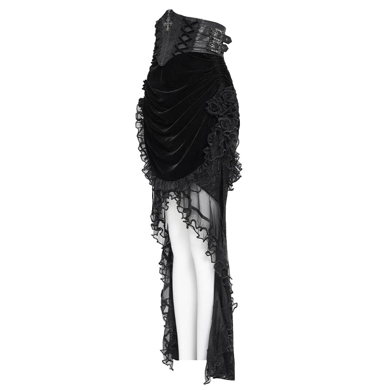 EVA LADY Women's Gothic Rose Lace-up Irregular Hem Skirt Black