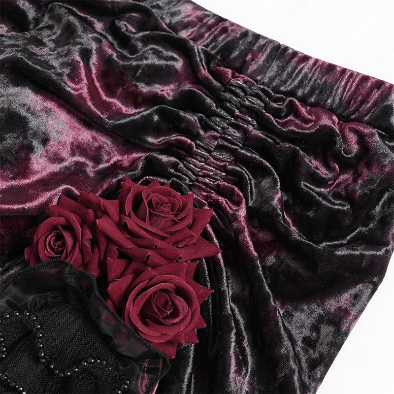 EVA LADY Women's Gothic Rose Lace-up Irregular Hem Skirt Black-Red