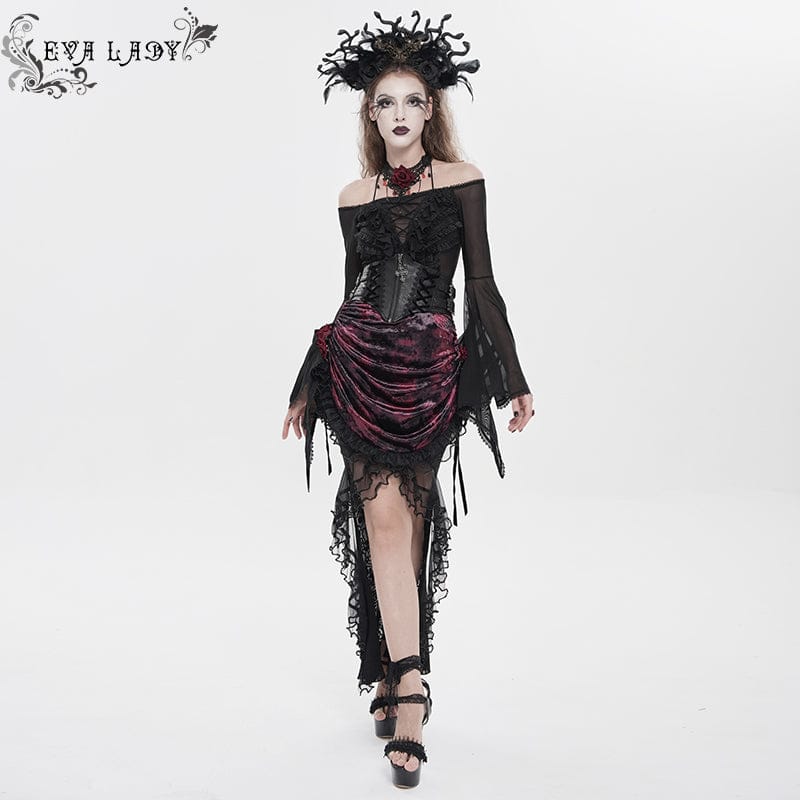 EVA LADY Women's Gothic Rose Lace-up Irregular Hem Skirt Black-Red