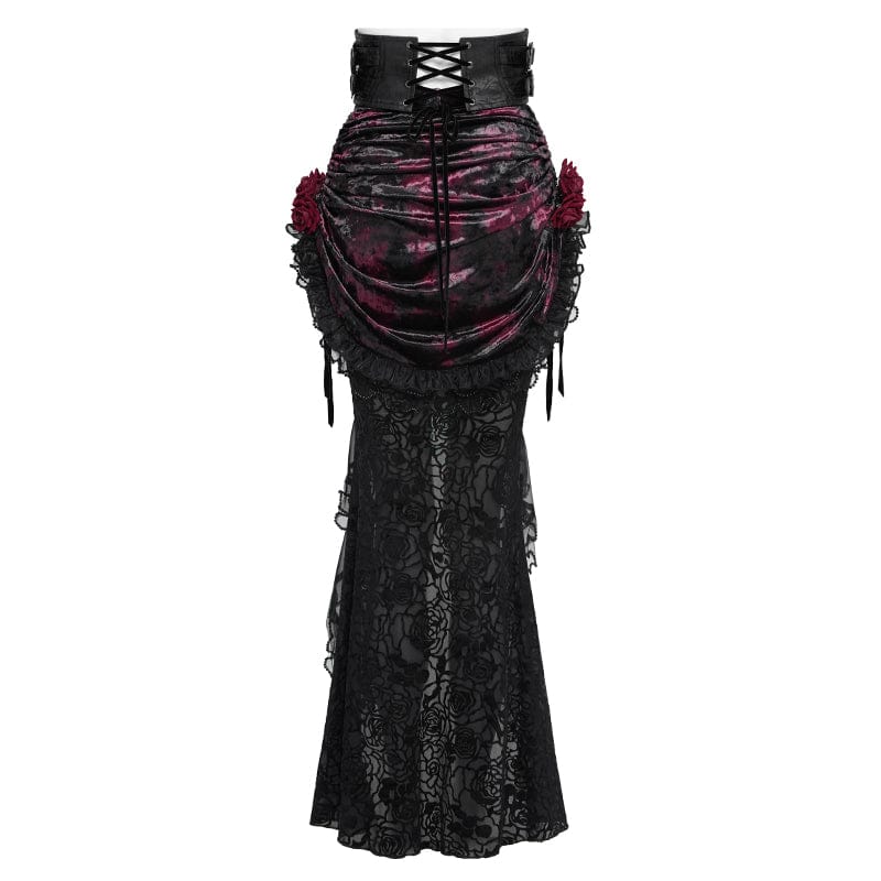 EVA LADY Women's Gothic Rose Lace-up Irregular Hem Skirt Black-Red