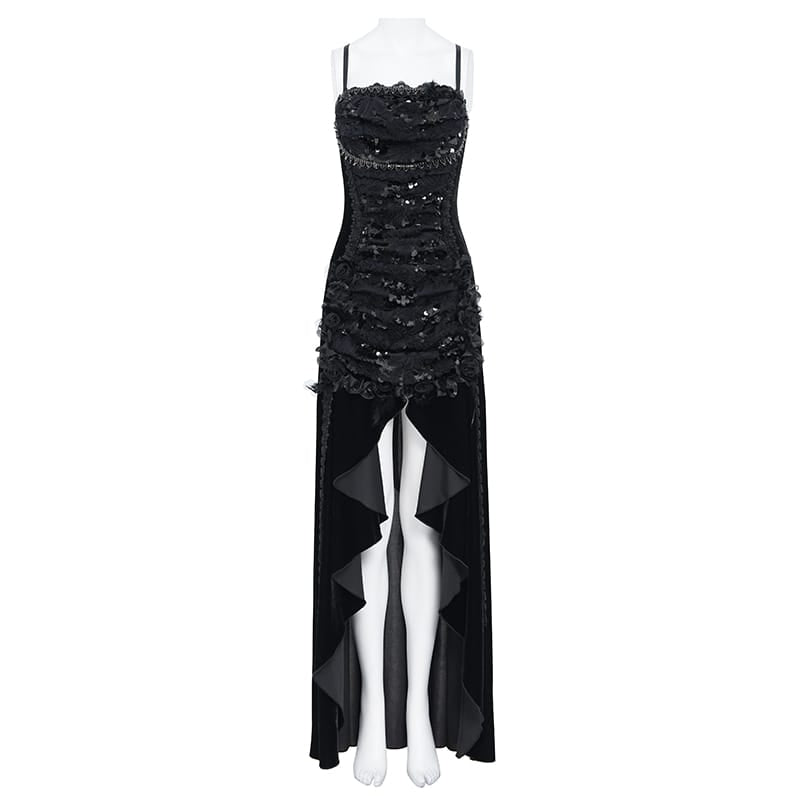 EVA LADY Women's Gothic Rose Lace-up Ruched High-Low Velvet Slip Dress