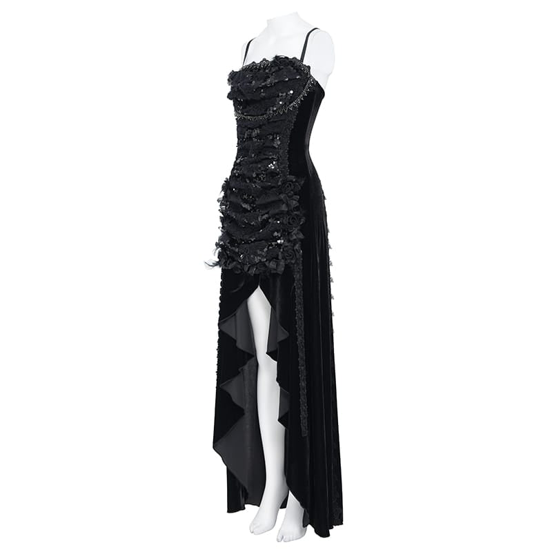 EVA LADY Women's Gothic Rose Lace-up Ruched High-Low Velvet Slip Dress