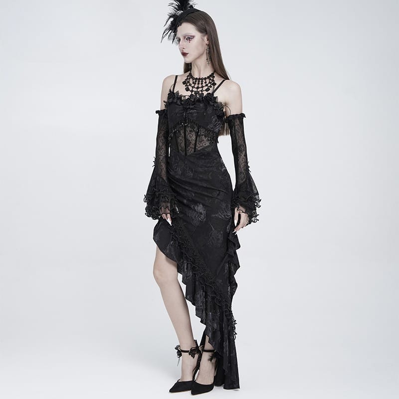 EVA LADY Women's Gothic Rose Ruffle Beaded Fringe Asymmetric Slip Dress