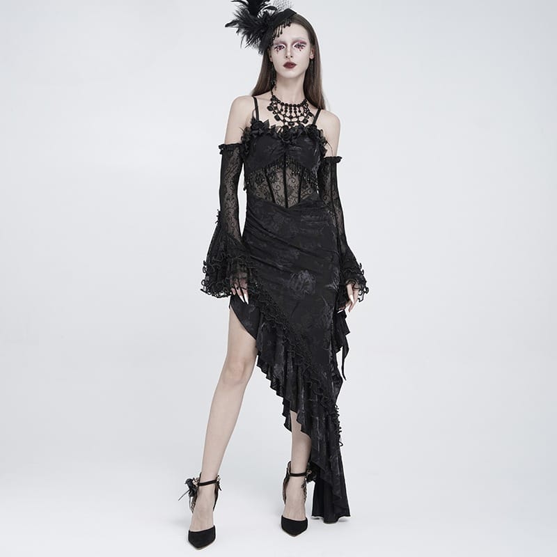 EVA LADY Women's Gothic Rose Ruffle Beaded Fringe Asymmetric Slip Dress