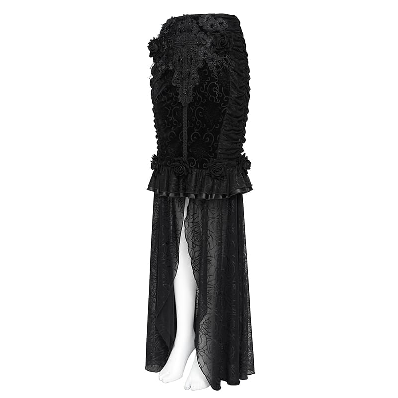 EVA LADY Women's Gothic Rose Ruffle Ruched Mermaid Long Skirt Black