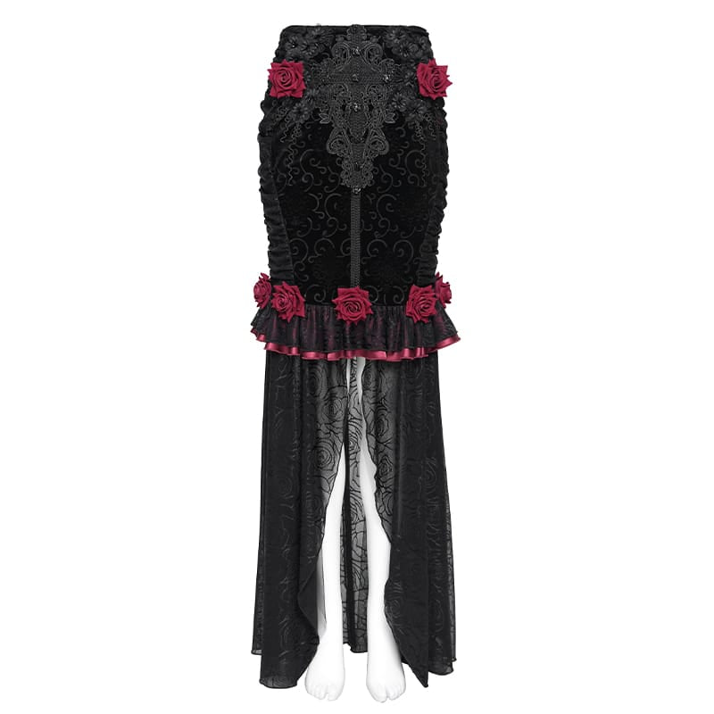 EVA LADY Women's Gothic Rose Ruffle Ruched Mermaid Long Skirt Black-Red