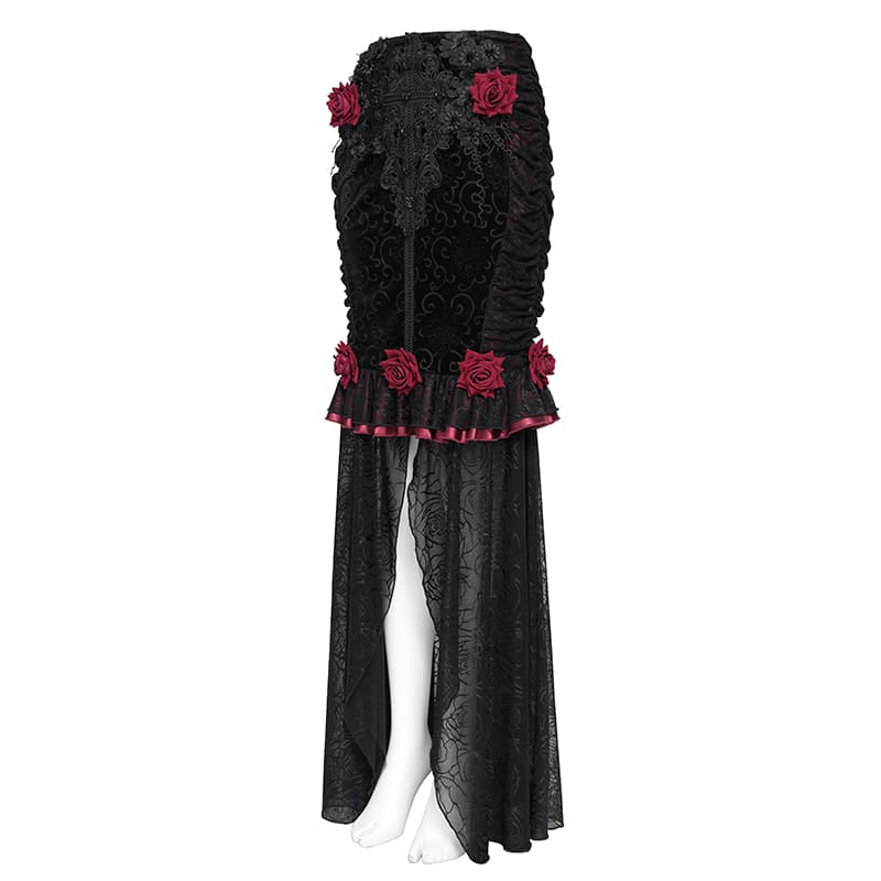 EVA LADY Women's Gothic Rose Ruffle Ruched Mermaid Long Skirt Black-Red