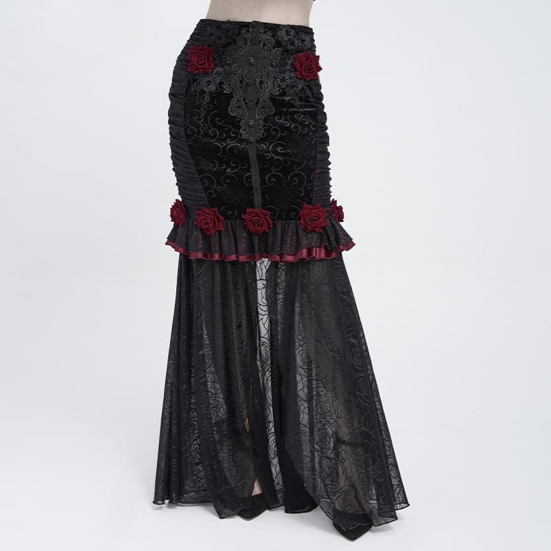 EVA LADY Women's Gothic Rose Ruffle Ruched Mermaid Long Skirt Black-Red