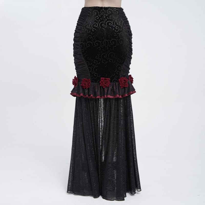 EVA LADY Women's Gothic Rose Ruffle Ruched Mermaid Long Skirt Black-Red