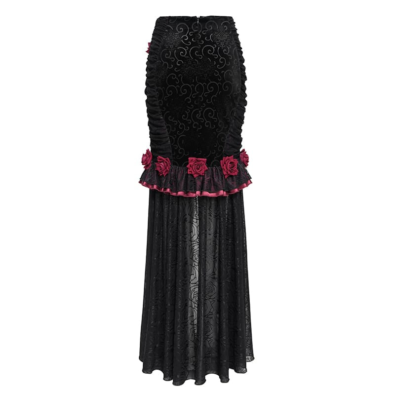EVA LADY Women's Gothic Rose Ruffle Ruched Mermaid Long Skirt Black-Red