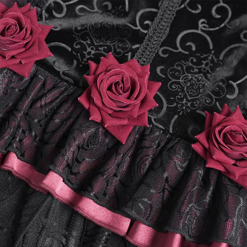 EVA LADY Women's Gothic Rose Ruffle Ruched Mermaid Long Skirt Black-Red