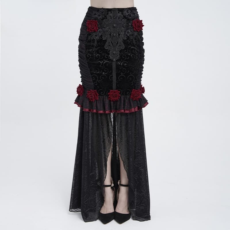 EVA LADY Women's Gothic Rose Ruffle Ruched Mermaid Long Skirt Black-Red