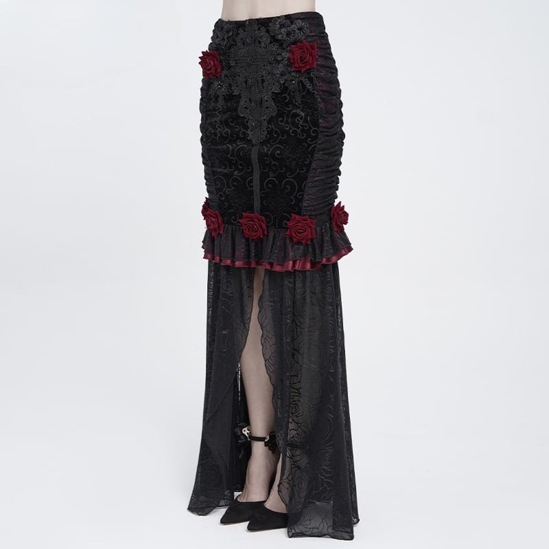 EVA LADY Women's Gothic Rose Ruffle Ruched Mermaid Long Skirt Black-Red