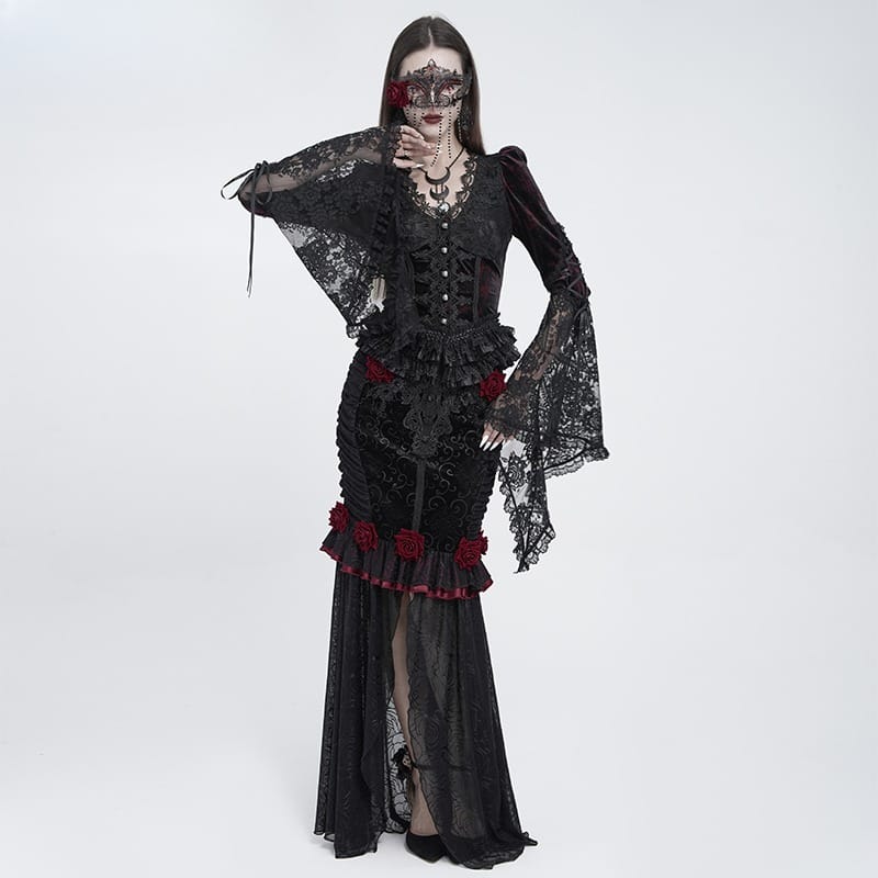 EVA LADY Women's Gothic Rose Ruffle Ruched Mermaid Long Skirt Black-Red
