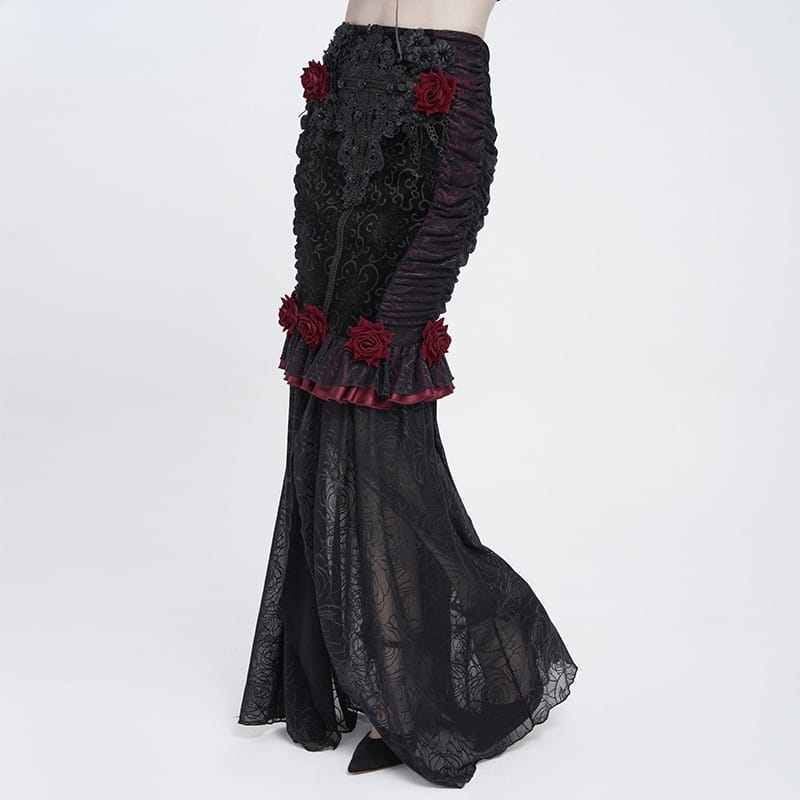EVA LADY Women's Gothic Rose Ruffle Ruched Mermaid Long Skirt Black-Red