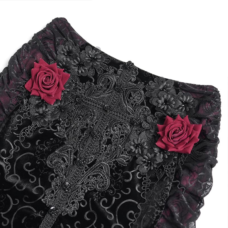 EVA LADY Women's Gothic Rose Ruffle Ruched Mermaid Long Skirt Black-Red