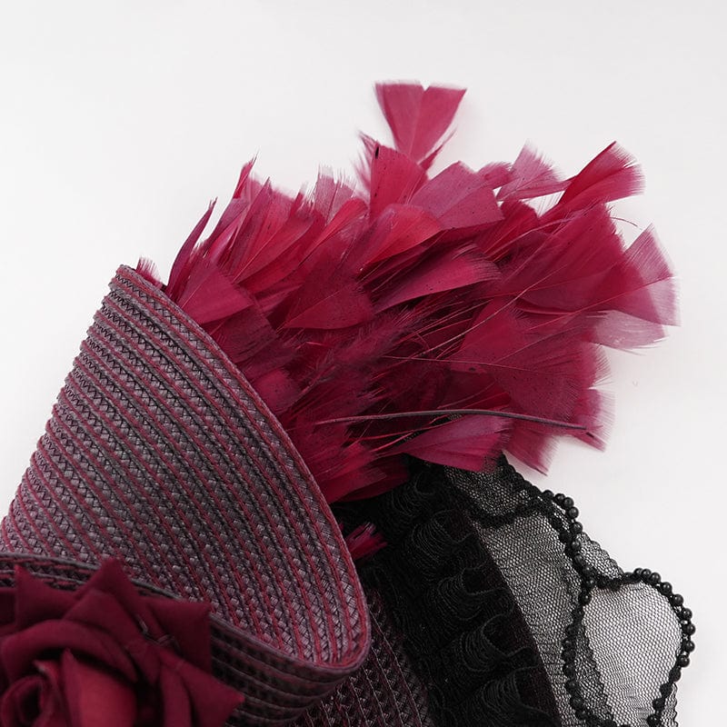 EVA LADY Women's Gothic Rose Ruffled Feathered Hat Black-red